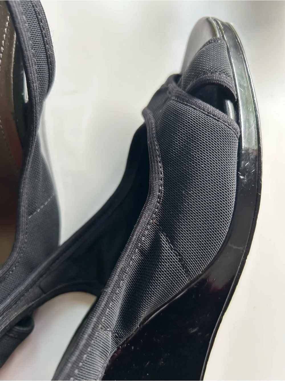 Joan & David Black Wedge HeelPeep-Toe Slingbacks; Microfibre Breathable Straps